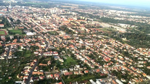 Plane view from the window on suburbs of Prague. Czech Republic.