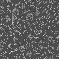 Seamless pattern on the theme of the school, a simple contour icons, light outline on a dark background