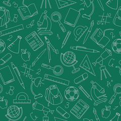 Seamless pattern on the theme of the school, a simple contour icons, light outline on a green background