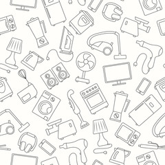 Seamless background with a simple contour icons on the topic of household appliances, a dark outline on a light background