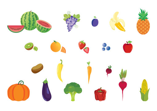 Icons set fruits and vegetables. Different types of fruit and vegetables. Vector illustration