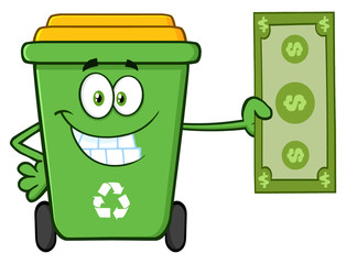 Smiling Green Recycle Bin Cartoon Mascot Character Holding A Dollar Bill