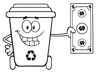 Black And White Smiling Recycle Bin Cartoon Mascot Character Holding A Dollar Bill
