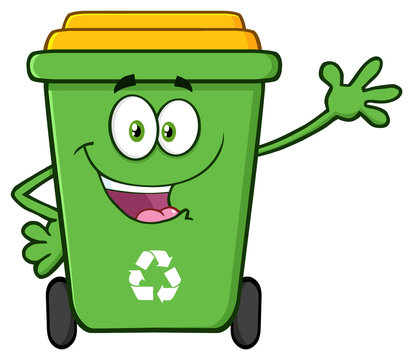 Happy Green Recycle Bin Cartoon Mascot Character Waving For Greeting