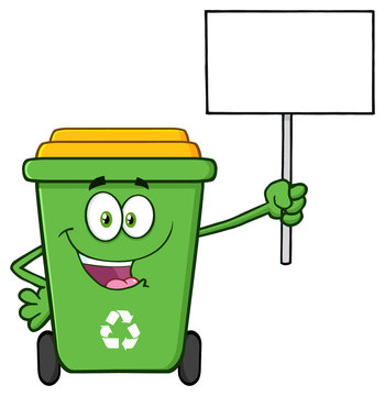 Happy Green Recycle Bin Cartoon Mascot Character Holding Up A Blank Sign