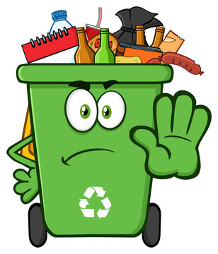 Angry Green Recycle Bin Cartoon Mascot Character Full With Garbage Gesturing Stop
