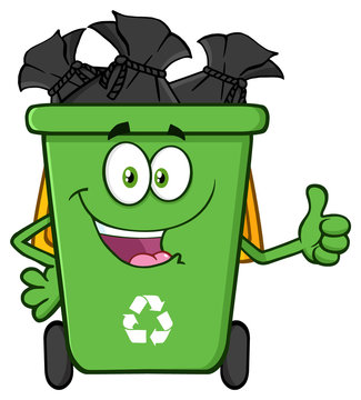 Happy Green Recycle Bin Cartoon Mascot Character Full With Garbage Bags Giving A Thumb Up
