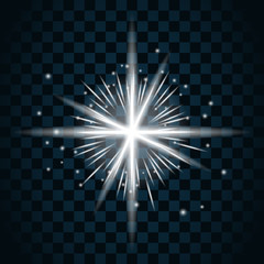 Shine star with glitter and sparkle icon. Effect twinkle, glare, glowing, graphic light sign. Transparent glow design element on dark background. Template bright flash decoration. Vector illustration.