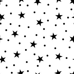 Star and polka dots seamless pattern. Black and white retro print background. Chaotic elements Abstract texture. Effect of sky. Design template wallpaper, wrapping, fabric, textile Vector Illustration
