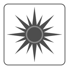 Sun icon. Light sign with sunbeams. Black design element, isolated on white background. Symbol of sunrise, heat, sunny and sunset, sunlight. Flat modern style for weather forecast. Vector Illustration