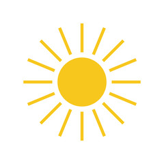 Sun icon. Light sign with sunbeams. Yellow design element, isolated on white background. Symbol of sunrise, heat, sunny and sunset, sunlight. Flat modern style for weather forecast Vector Illustration