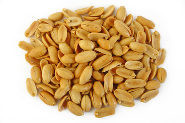 Peeled salted peanuts isolated on white background