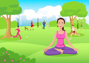 Obraz na płótnie Canvas Girl meditating at city park