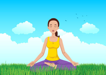 Woman meditating on grass field