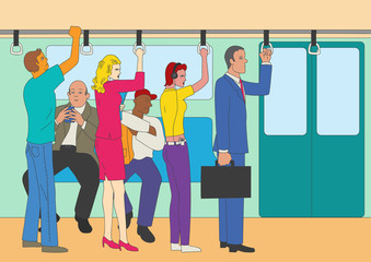 Fototapeta premium People standing and sitting in the train