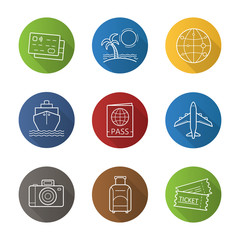 Vacation and travelling flat linear long shadow icons set