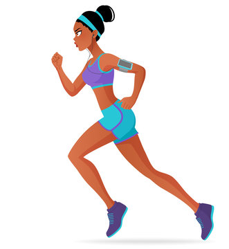 Sporty black athlete woman running marathon with headphones. Cartoon vector  illustration isolated on white background. Stock Illustration | Adobe Stock