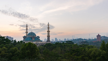 Fototapeta na wymiar The Federal Territory mosque, Kuala Lumpur Malaysia at sunrise