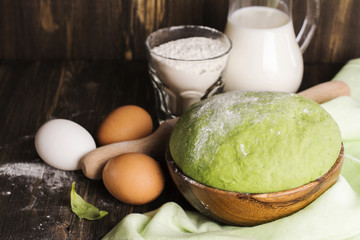 Green spinach dough and ingredients 