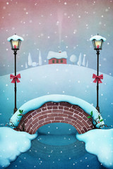 Greeting Card Merry Christmas with  snow bridge and  winter village