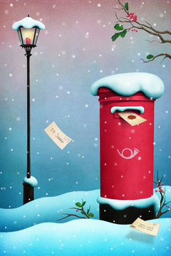 Greeting Card Merry Christmas With Vintage Red Mailbox