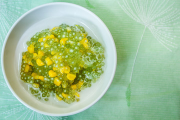 Tapioca pearl pudding and corn in sweet coconut milk.