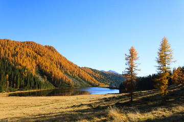 Fototapeta na wymiar Reflections on water, autumn panorama from mountain lake