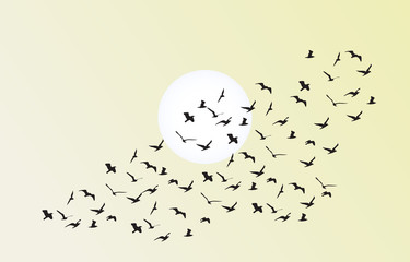 vector flock of flying birds towards bright sun - 117000789