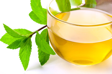 Glass of fresh brewed spearmint herb tea