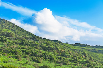 Fototapeta na wymiar clouds over a green hill slope