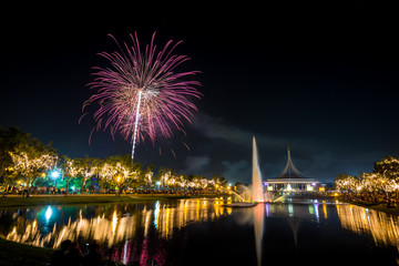 Colorful festival fireworks at RAMA9 park, Bangkok.