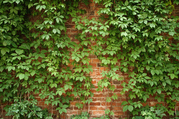 Fototapeta na wymiar red old brick wall with climbing plants
