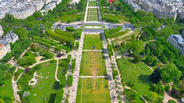 4K Champ de Mars Park, Paris France Park Aerial View
