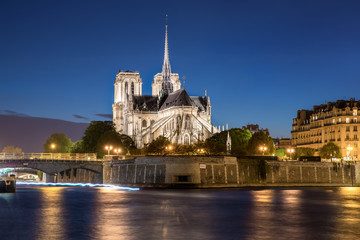 Notre dame de paris cathedral with Seine river at night in Paris