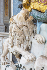 ROME, ITALY - MARCH 9, 2016: The Lion statue on the tomb of Maria Federica Odescalchi Chigi in church Basilica di Santa Maria del Popolo by Paolo Posi (1708 - 1776).