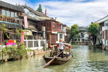 China traditional tourist boats on canals of Shanghai Zhujiajiao