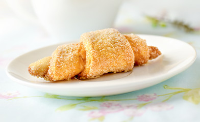 Breakfast with fresh croissants cakes