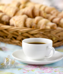 Breakfast with fresh croissants cakes