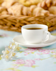 Breakfast with fresh croissants cakes