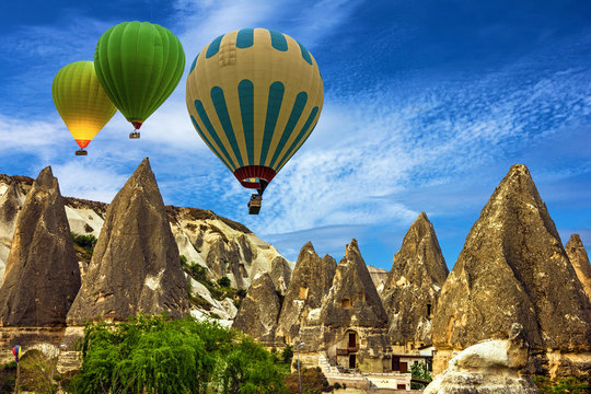 Goreme, Turkey. Mountain landscape. Hot air balloons, Cappadocia