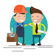 Cool flat design vector characters on building worker with hard hat helmet, and tool box and civil engineer specialist holding plan