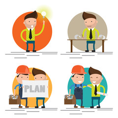 Cool flat design vector characters on building worker with hard hat helmet, and tool box and civil engineer specialist holding plan set