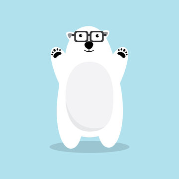 A Cute Polar bear Geek character with funny nerd glasses isolated on sky blue background. Flat design vector illustration.