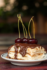 piece of cake with chocolate icing and cherries, puff pastry Napoleon  on a white plate,