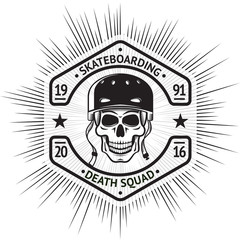 Skateboarding vintage label with skull in helmet. vector