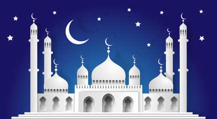 3d mosque and crescent moon with stars