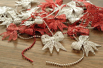 Red and silver ribbon garlands for a Christmas tree