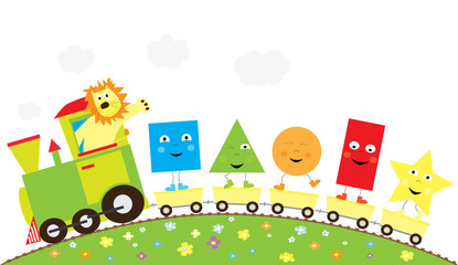 Cartoon train with happy lion and smiling, dancing basic geometrical shapes / educational illustration for children