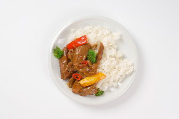 meat and vegetable stir fry with rice