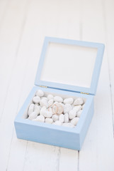 Wedding rings in blue box with white stone.Wedding ceremony 